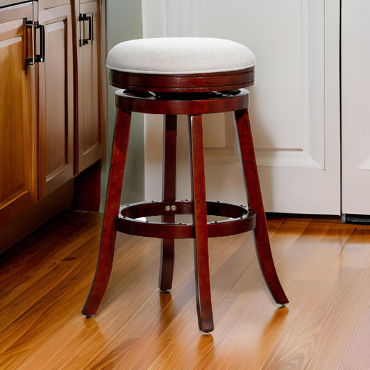 Opi 30 Inch Swivel Barstool, Beige Polyester, Cherry Brown Solid Wood By Casagear Home