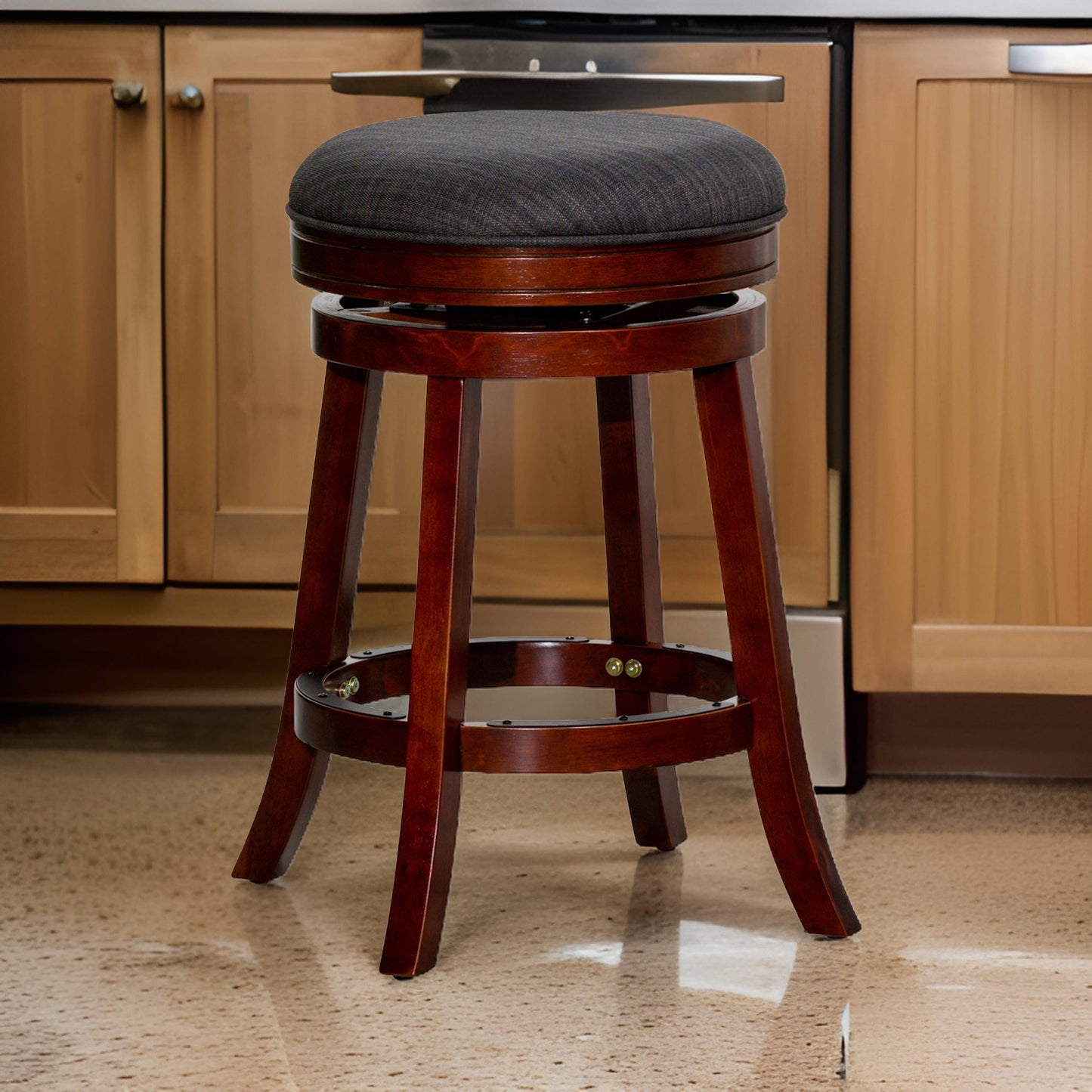 Opi 24 Inch Swivel Counter Stool, Dark Gray Fabric, Cherry Brown Solid Wood By Casagear Home