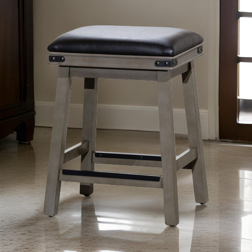 Nio 24 Inch Counter Stool, Saddle Black Bonded Leather, Weathered Gray By Casagear Home