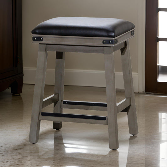 Nio 24 Inch Counter Stool, Saddle Black Bonded Leather, Weathered Gray By Casagear Home