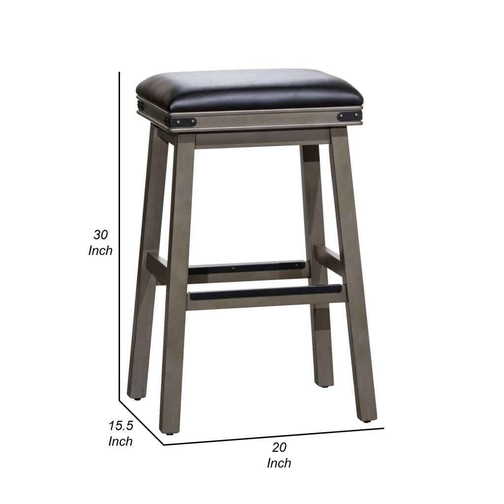 Nio 30 Inch Barstool Saddle Black Bonded Leather Weathered Gray Solid Wood By Casagear Home BM314546