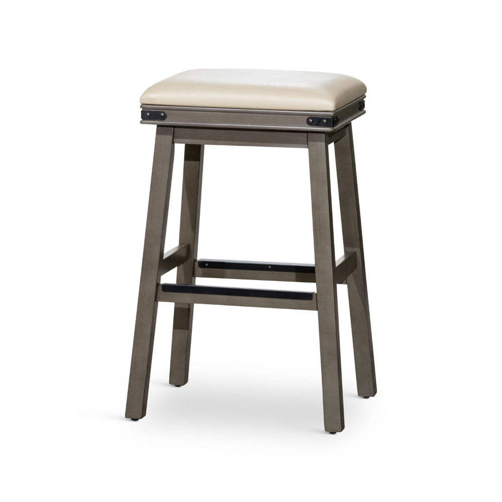 Nio 30 Inch Barstool, Cushioned Bonded Leather, Weathered Gray Solid Wood By Casagear Home
