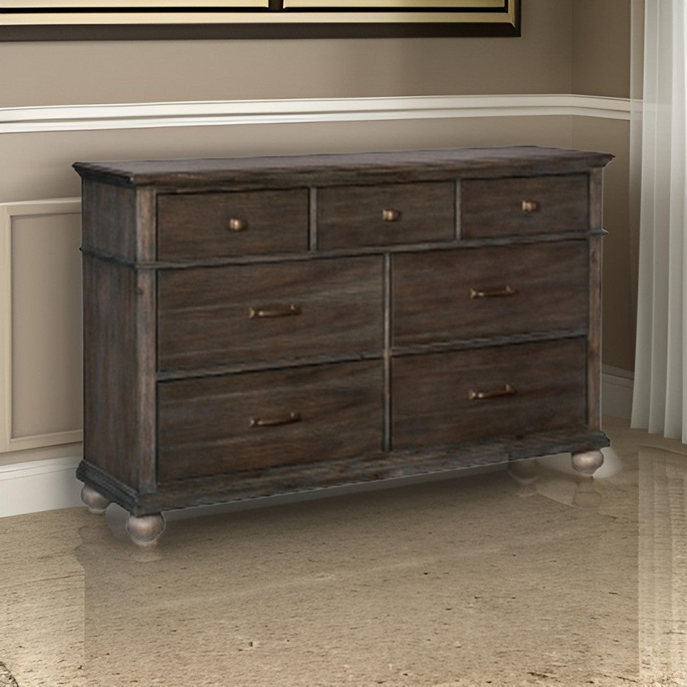 Carny 60 Inch Wide Dresser 7 Drawers Bronze Handles Brushed Brown Wood By Casagear Home BM314549