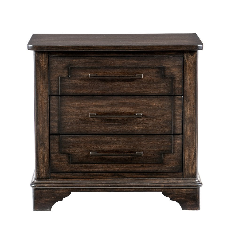 Amey 30 Inch Nightstand 3 Drawers with Bar Handles Rustic Brown Wood By Casagear Home BM314551