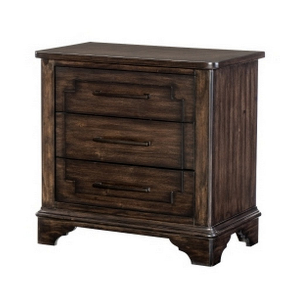 Amey 30 Inch Nightstand 3 Drawers with Bar Handles Rustic Brown Wood By Casagear Home BM314551