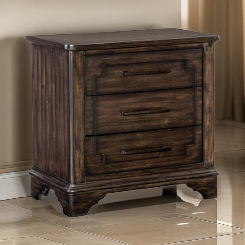 Amey 30 Inch Nightstand, 3 Drawers with Bar Handles, Rustic Brown Wood By Casagear Home