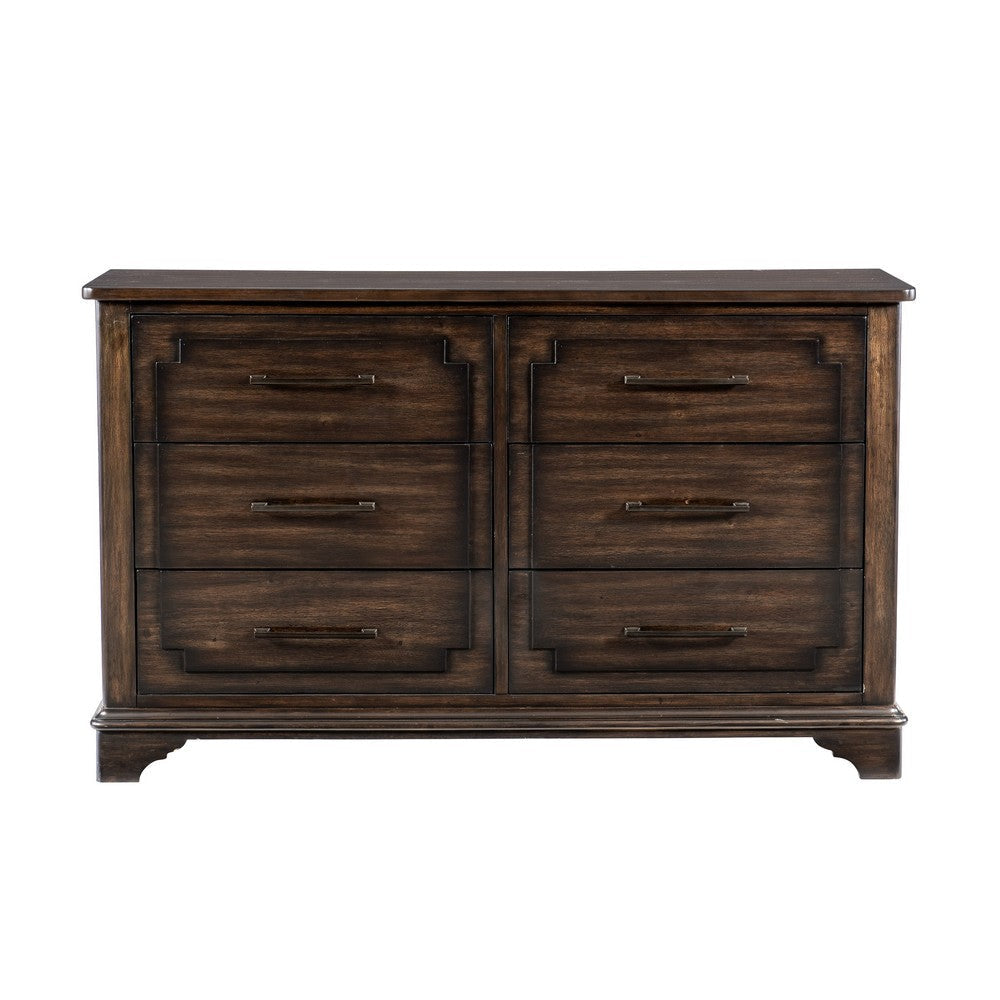 Amey 61 Inch Wide Dresser 6 Drawers with Bar Handles Rustic Brown Wood By Casagear Home BM314552