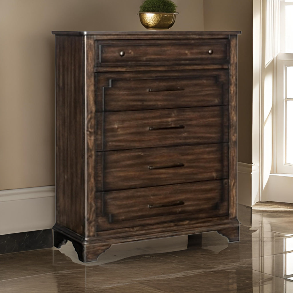 Amey 53 Inch Tall Dresser Chest 5 Drawers Bar Handles Rustic Brown Wood By Casagear Home BM314553