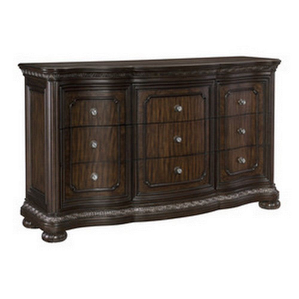 Joni 68 Inch Wide Dresser, 9 Drawers, Faux Crystal Knobs, Dark Cherry Brown By Casagear Home