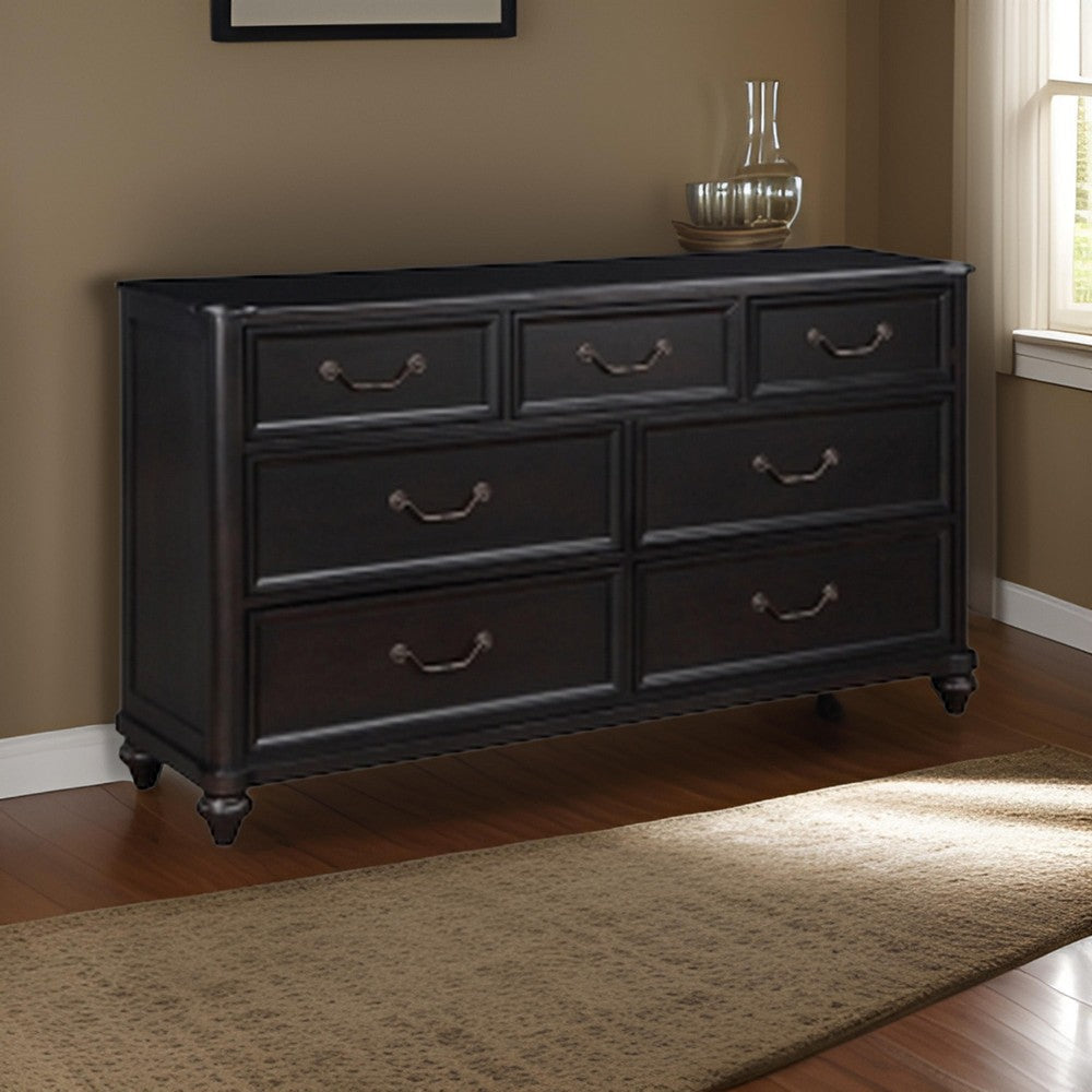 Vix 64 Inch Wide Dresser 7 Molded Trim Drawers Pewter Drop Handles Black By Casagear Home BM314559