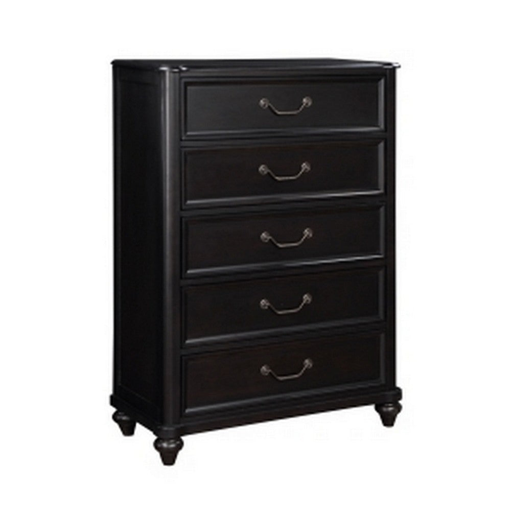 Vix 51 Inch Tall Dresser Chest, 5 Drawers, Pewter Drop Handles, Black By Casagear Home