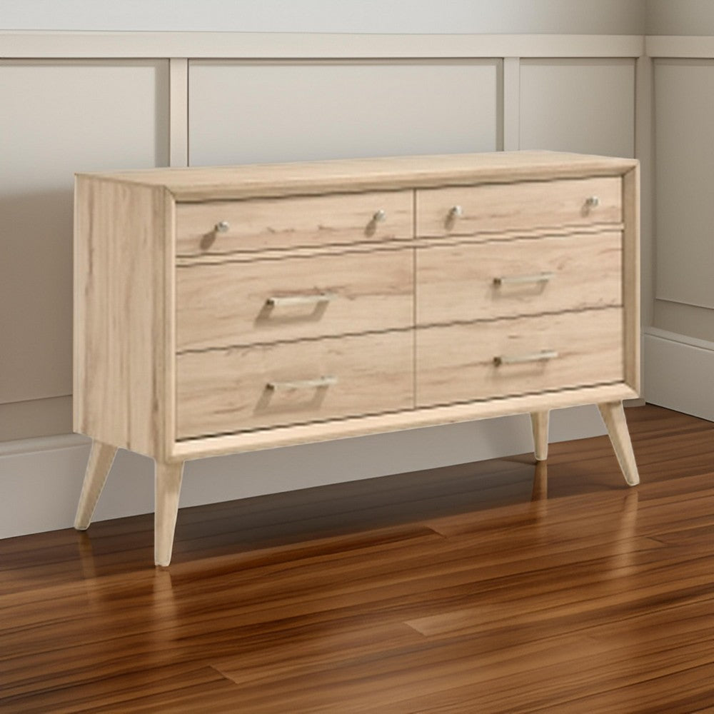 Kali 60 Inch Wide Dresser, 6 Drawers, Nickel Handles, Oak Brown Solid Wood By Casagear Home