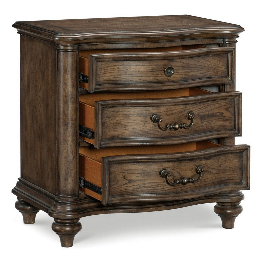 Deborah 30 Inch Nightstand 3 Drawers Bronze Drop Handles Brown Wood By Casagear Home BM314569