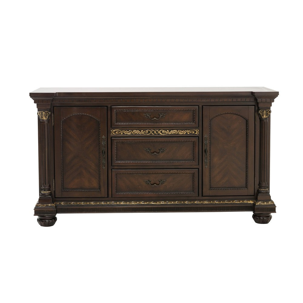 Hilton 66 Inch Buffet Console, 3 Drawers, 2 Cabinets, Cherry Brown and Gold By Casagear Home