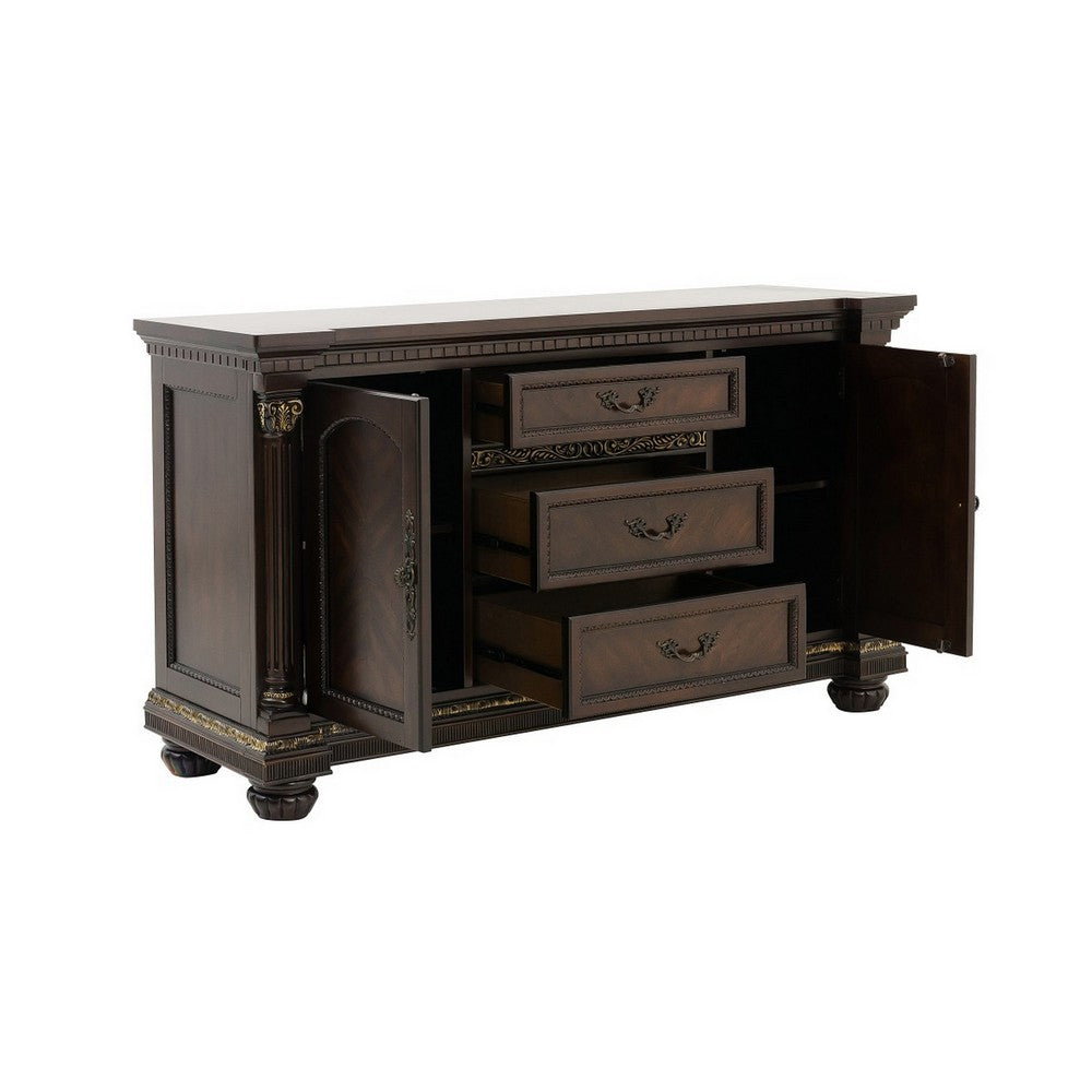 Hilton 66 Inch Buffet Console, 3 Drawers, 2 Cabinets, Cherry Brown and Gold By Casagear Home