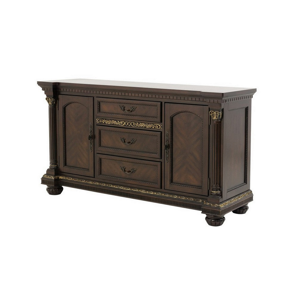 Hilton 66 Inch Buffet Console, 3 Drawers, 2 Cabinets, Cherry Brown and Gold By Casagear Home