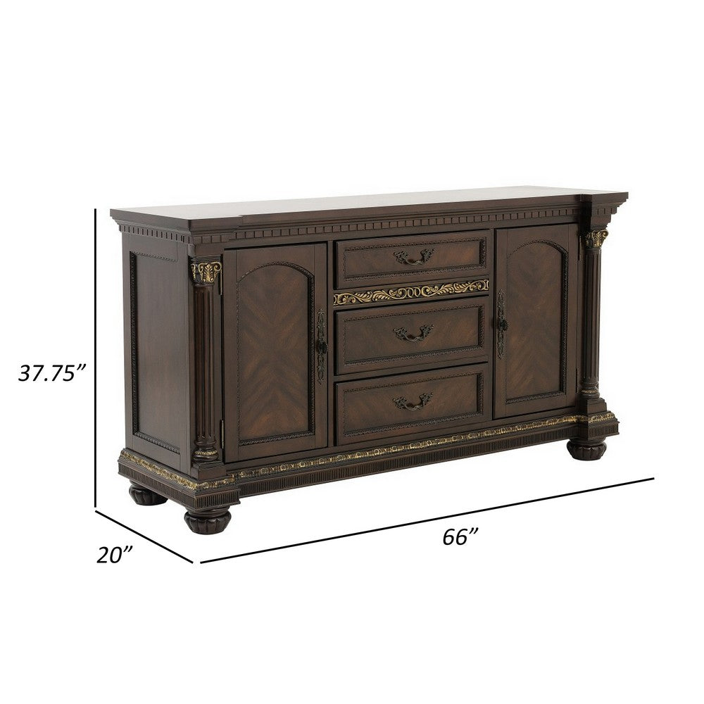 Hilton 66 Inch Buffet Console, 3 Drawers, 2 Cabinets, Cherry Brown and Gold By Casagear Home