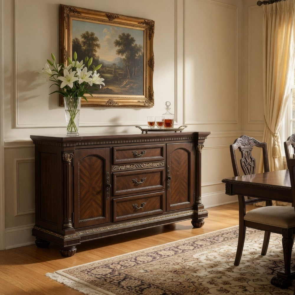 Hilton 66 Inch Buffet Console, 3 Drawers, 2 Cabinets, Cherry Brown and Gold By Casagear Home