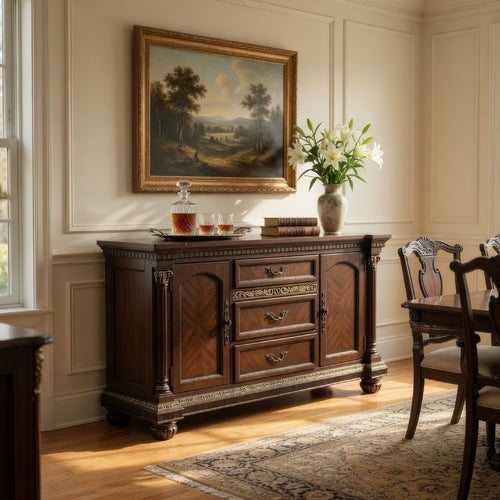 Hilton 66 Inch Buffet Console, 3 Drawers, 2 Cabinets, Cherry Brown and Gold By Casagear Home