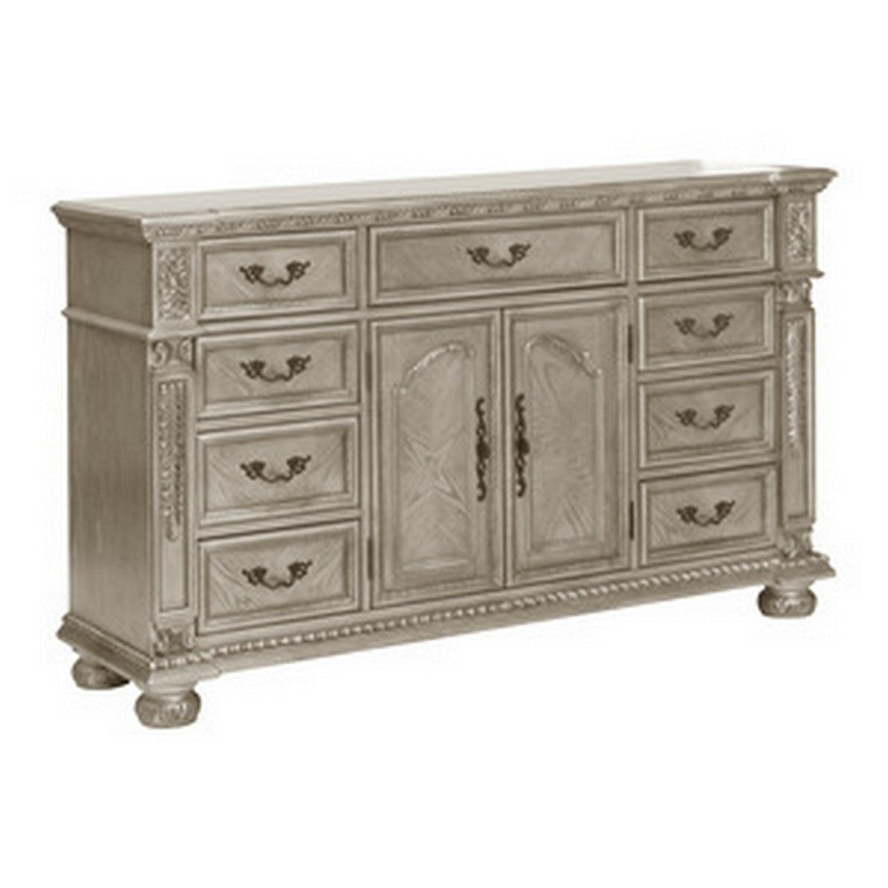 Lumi 68 Inch Dresser, 9 Drawers, 1 Cabinet, Platinum Gold Wood Finish By Casagear Home