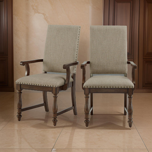 Tom 26 Inch Dining Armchair, Beige Polyester, Nailheads, Brown Wood, Set of 2 By Casagear Home