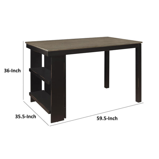 Tim 60 Inch Counter Height Table, 2 Built in Shelves, Gray, Black Wood By Casagear Home