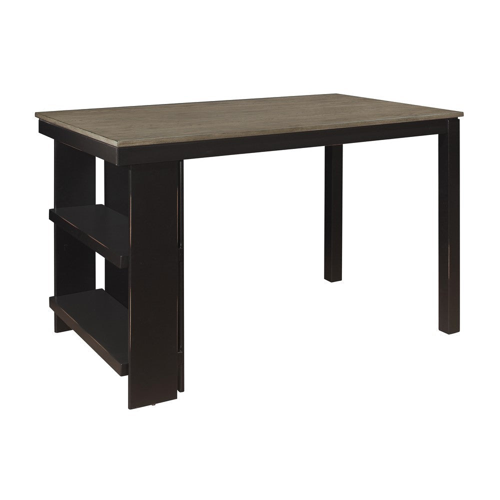 Tim 60 Inch Counter Height Table, 2 Built in Shelves, Gray, Black Wood By Casagear Home