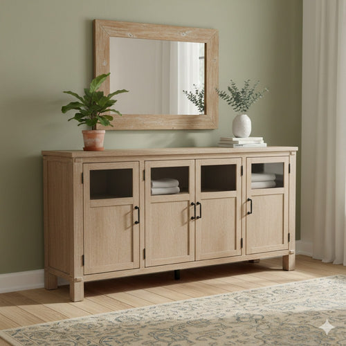 Deen 75 Inch Sideboard Buffet Server, 3 Cabinets, 4 Doors, Brown Wood By Casagear Home