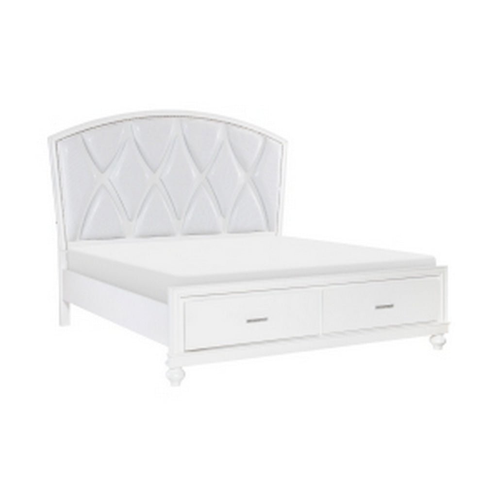 Russ Queen Platform Bed LED Accents Silver Faux Leather Upholstery White By Casagear Home BM314636