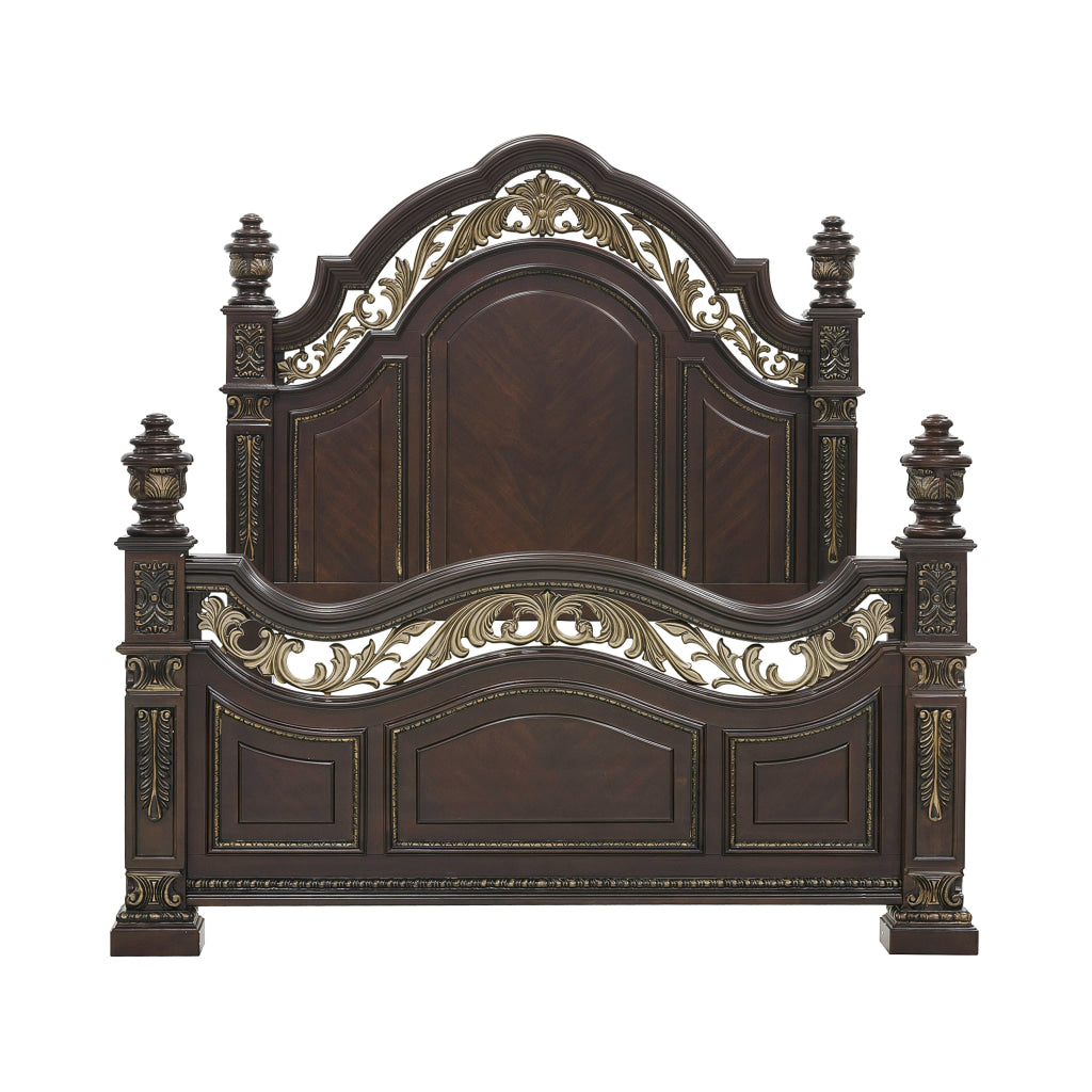 Lumi Queen Bed Classical Metal Scrollwork Dark Cherry Brown and Gold By Casagear Home BM314641