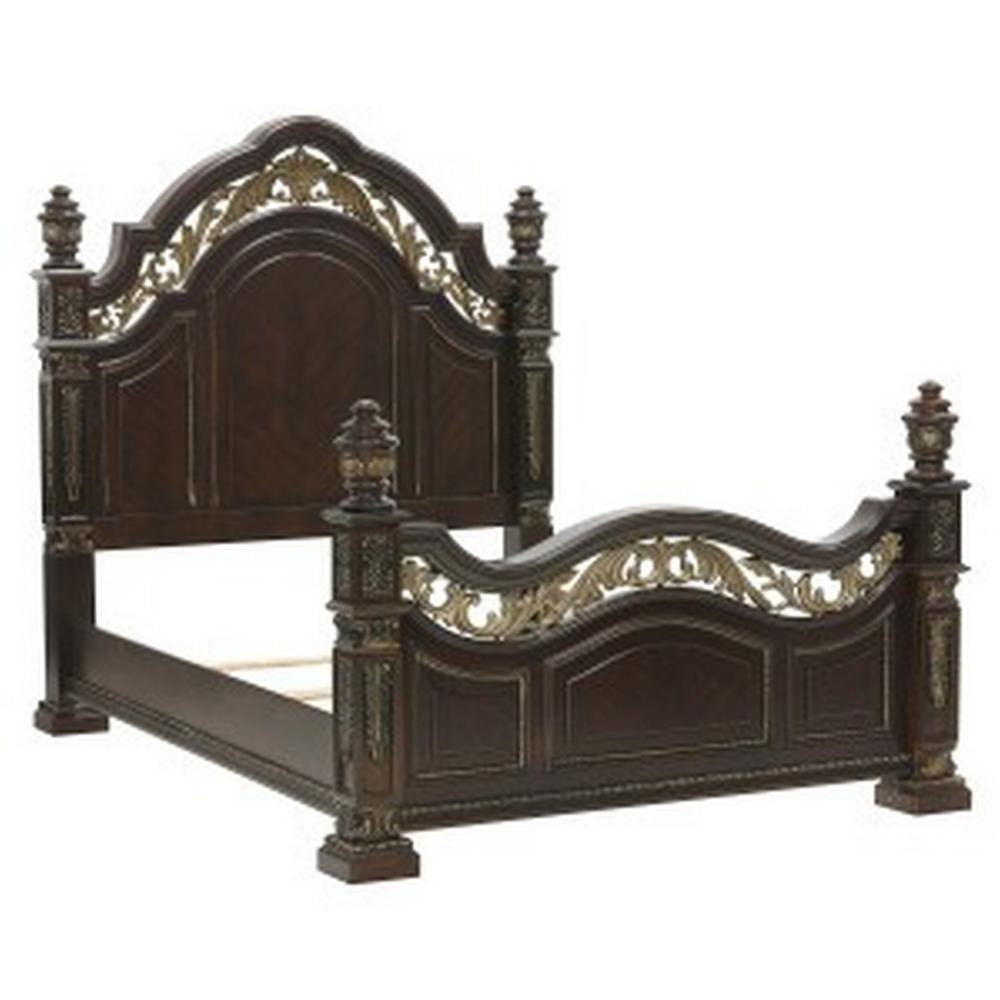 Lumi Queen Bed Classical Metal Scrollwork Dark Cherry Brown and Gold By Casagear Home BM314641