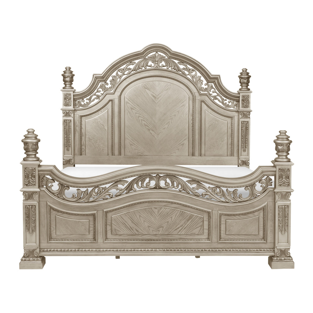 Lumi Queen Bed Classical Metal Scrollwork Glossy Platinum and Gold Tones By Casagear Home BM314642