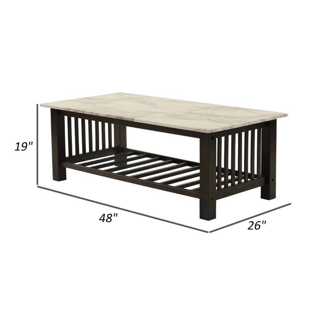 Moen 47 Inch Coffee Table, White Faux Marble Top, Bottom Shelf, Black Wood By Casagear Home