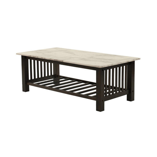 Moen 47 Inch Coffee Table, White Faux Marble Top, Bottom Shelf, Black Wood By Casagear Home