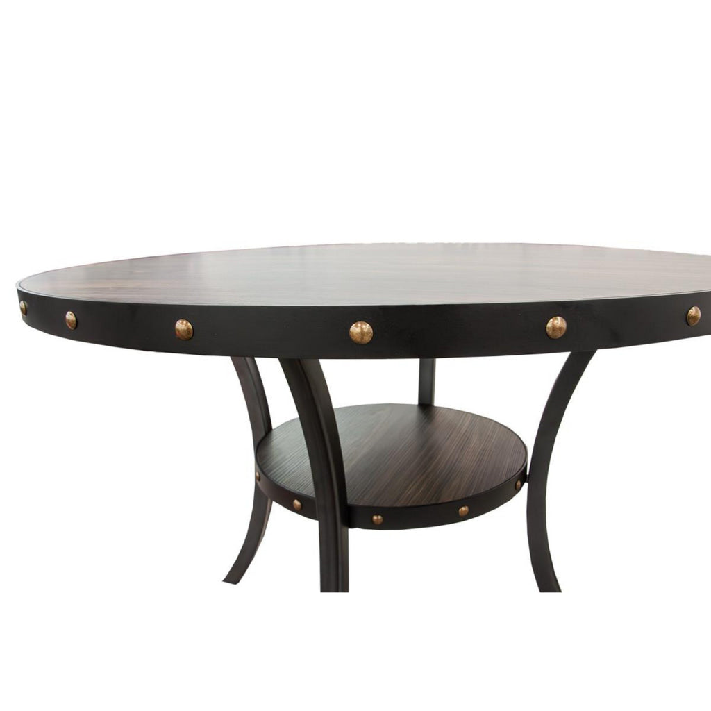 Sie 48 Inch Dining Table Round Nailhead Trim Top with Shelf Black Wood By Casagear Home BM314655