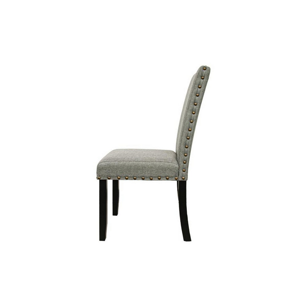 Sie 25 Inch Dining Chairs, Set of 2, Nailhead Trim, Padded Gray Upholstery, Black Wood