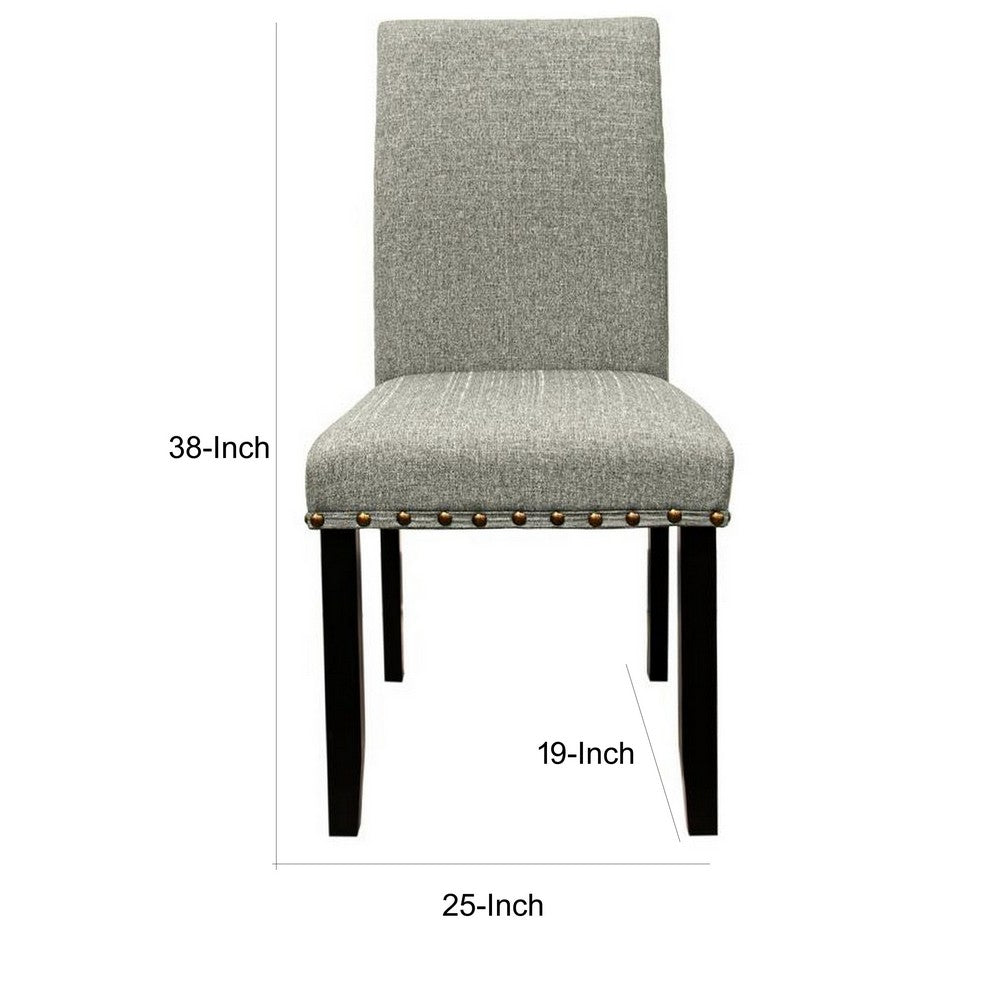 Sie 25 Inch Dining Chairs, Set of 2, Nailhead Trim, Padded Gray Upholstery, Black Wood