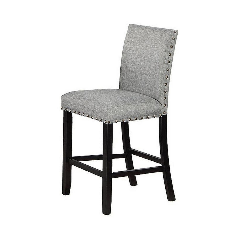 Sie 24 Inch Counter Height Chairs, Set of 2, Nailhead Trim, Gray Fabric, Black Wood