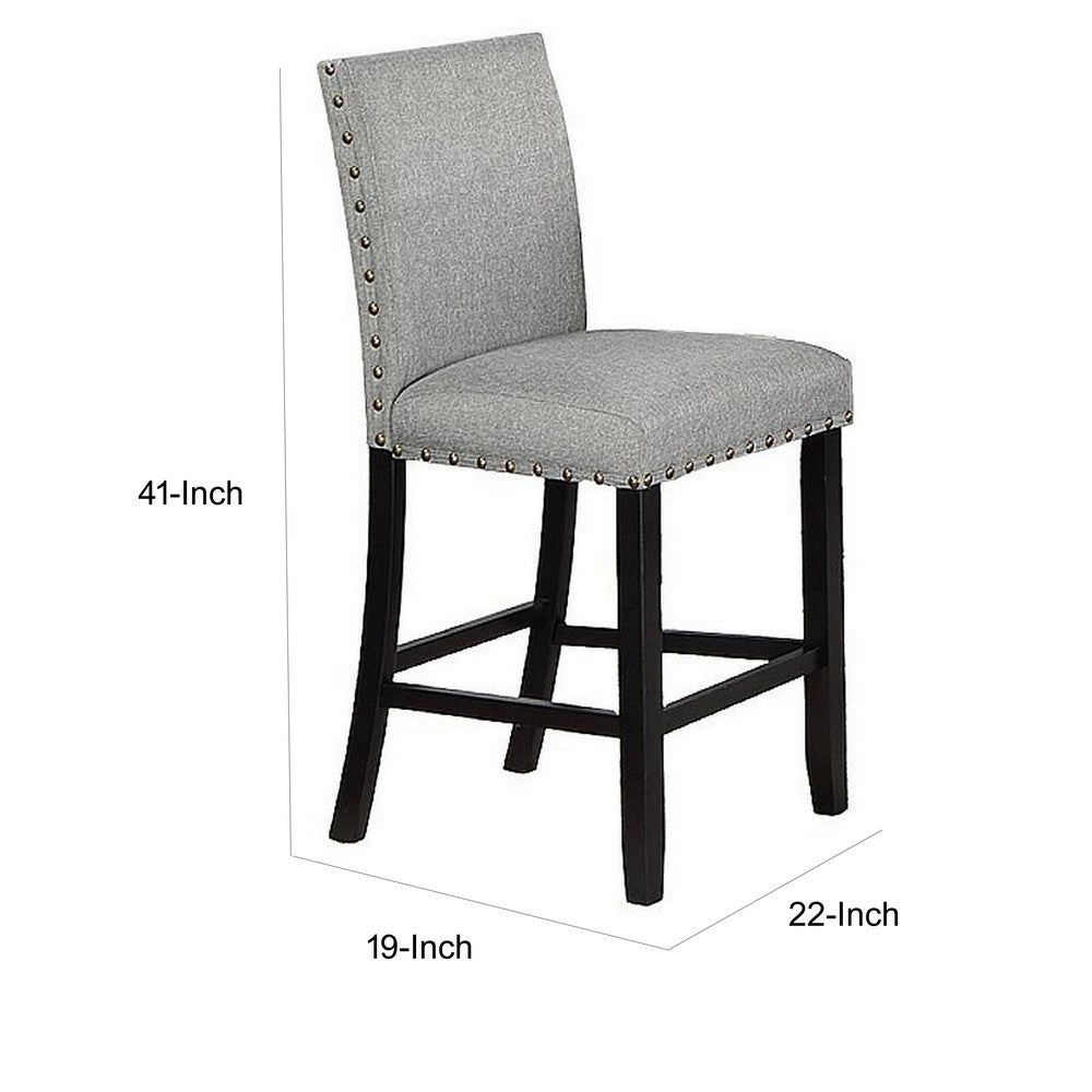 Sie 24 Inch Counter Height Chairs, Set of 2, Nailhead Trim, Gray Fabric, Black Wood