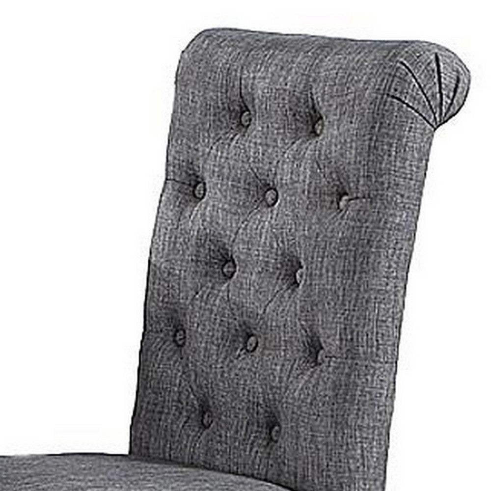 Jie 25 Inch Dining Chairs, Set of 2, Tufted Gray Upholstery, Rolled Top, Black Wood