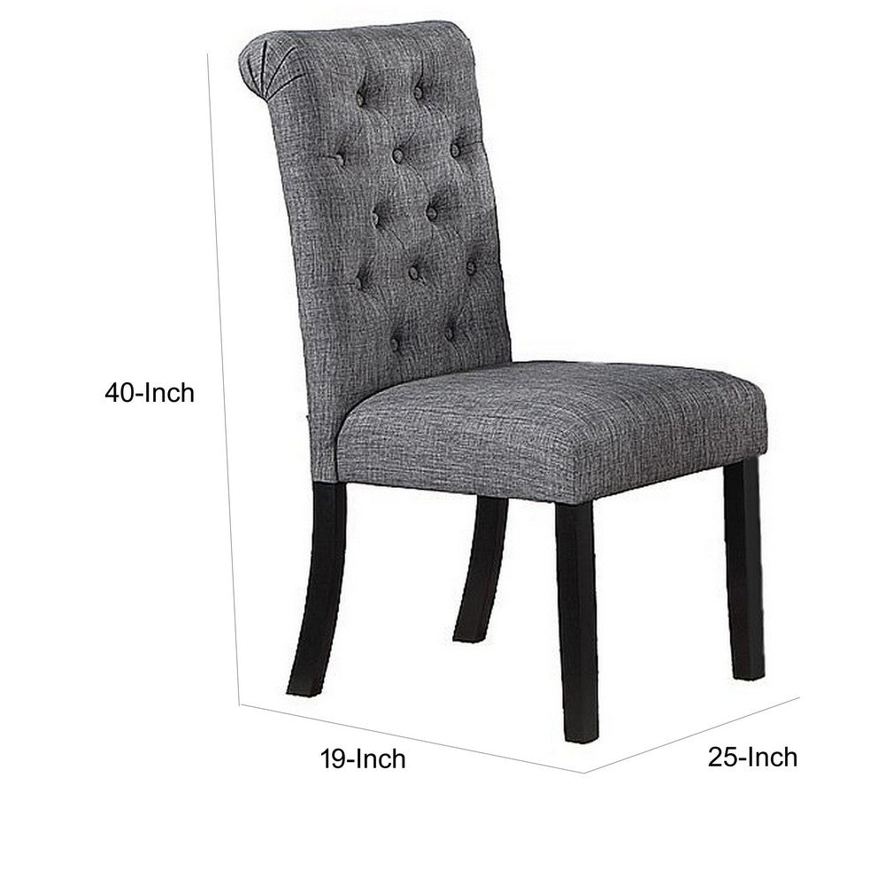 Jie 25 Inch Dining Chairs, Set of 2, Tufted Gray Upholstery, Rolled Top, Black Wood