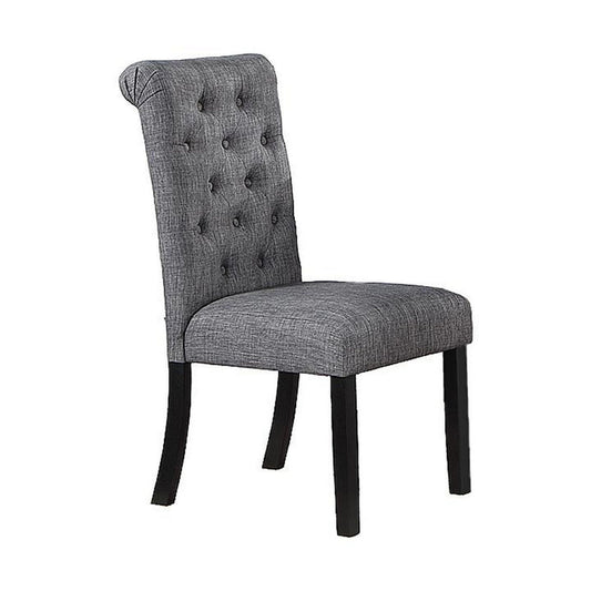 Jie 25 Inch Dining Chair, Tufted Gray Upholstery, Rolled Top, Black Wood By Casagear Home