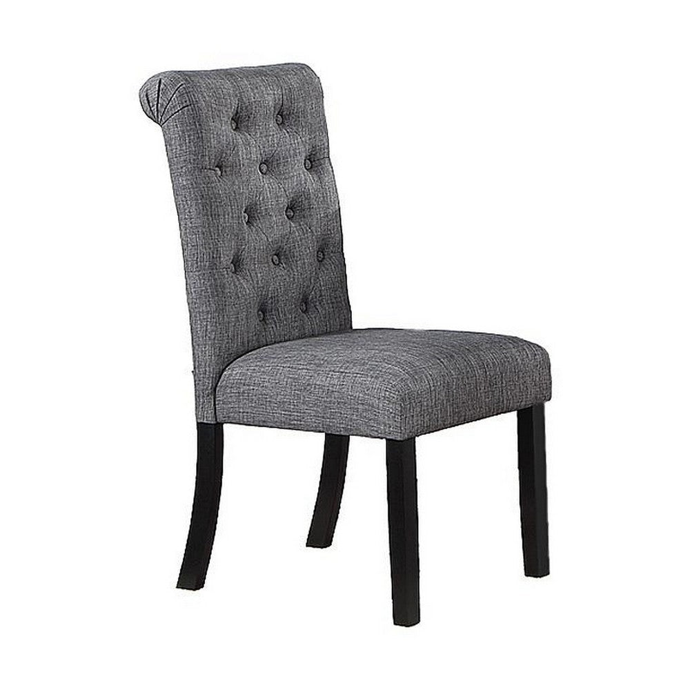 Jie 25 Inch Dining Chair Tufted Gray Upholstery Rolled Top Black Wood By Casagear Home BM314661