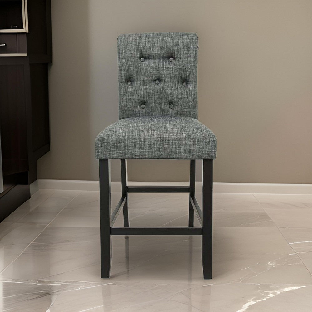 Jie 24 Inch Counter Height Dining Chair, Tufted Gray Upholstery, Black Wood By Casagear Home