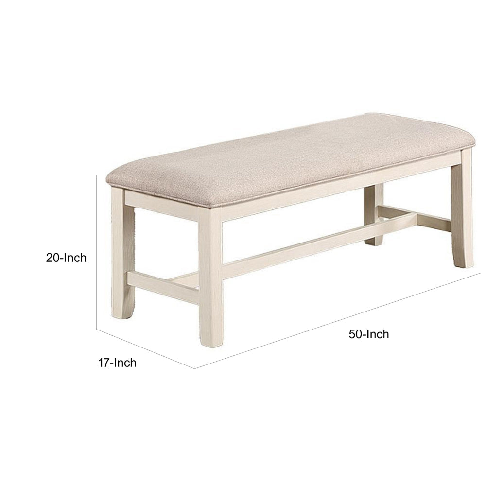 Sam 50 Inch Dining Bench Farmhouse Style Beige Upholstery White Wood By Casagear Home BM314665