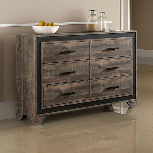 Nny 58 Inch Wide Dresser with 6 Drawers, Black Handles, Brown Wood Finish By Casagear Home