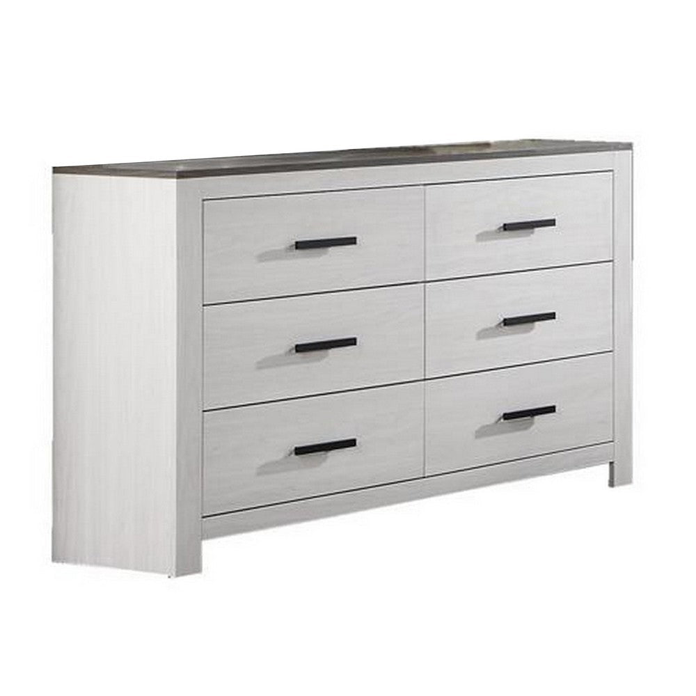 Kopa 58 Inch Wide Dresser with 6 Drawers, Black Handles, White Wood Finish By Casagear Home