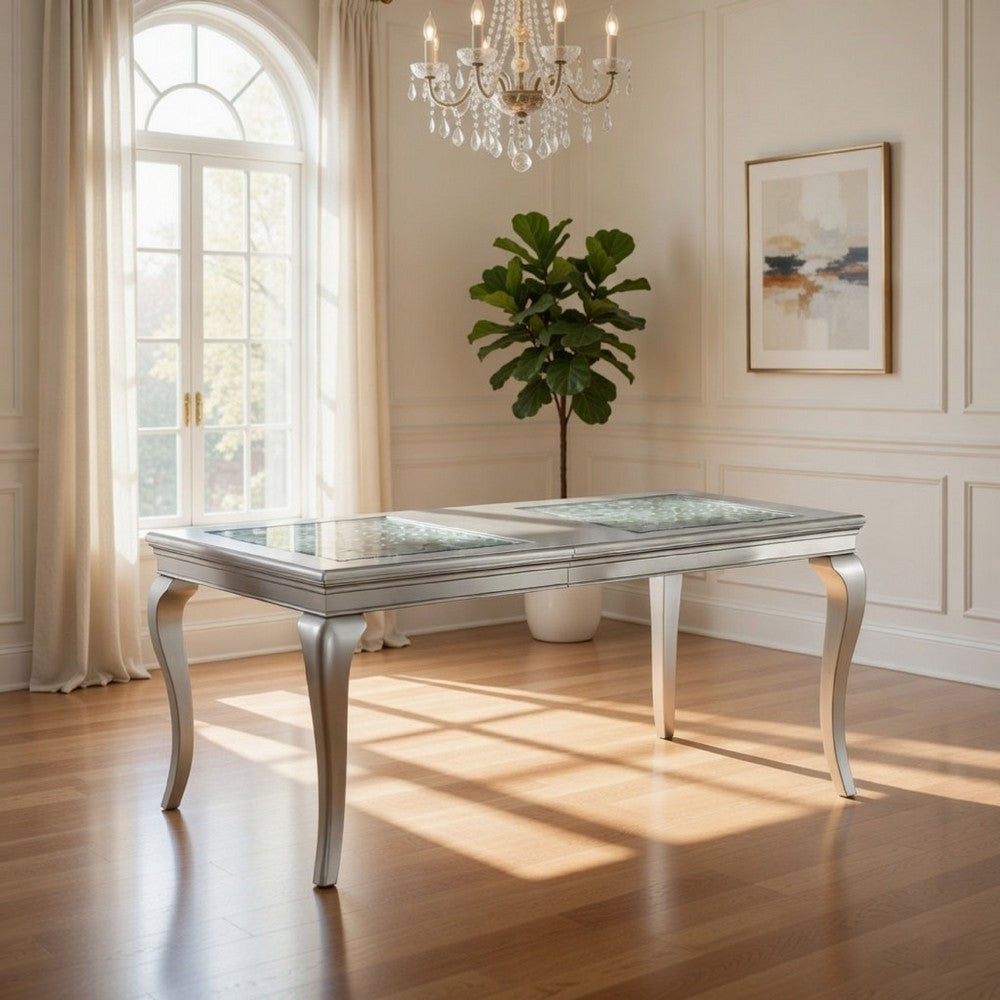 Reme 66-84 Inch Dining Table, 6 Seater Extendable, Glass Silver Wood By Casagear Home