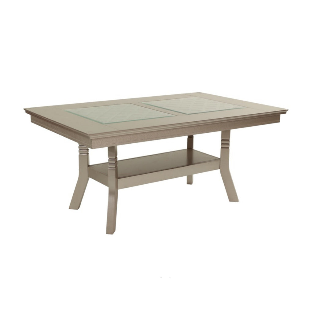 Teme 66 Inch Dining Table Glass Top Lower Shelf Beige Rubberwood By Casagear Home BM314676