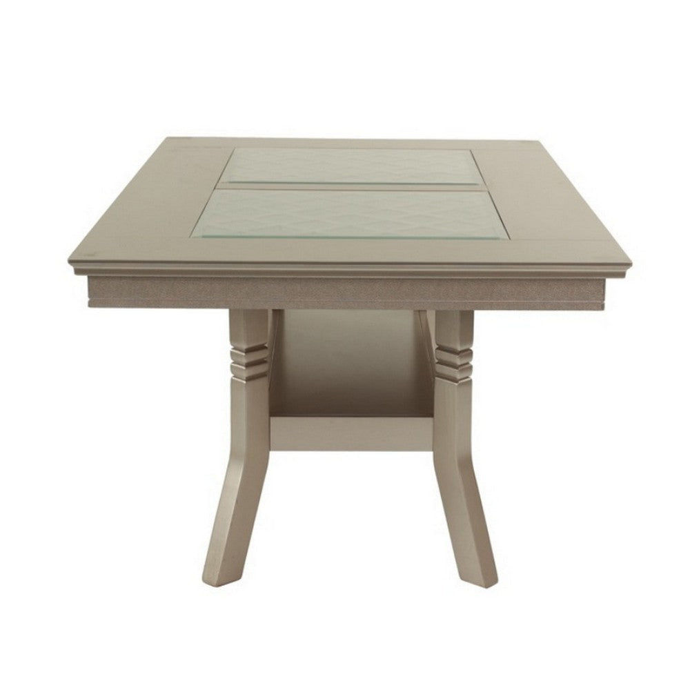 Teme 66 Inch Dining Table Glass Top Lower Shelf Beige Rubberwood By Casagear Home BM314676